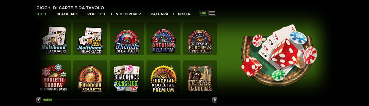 Il menù giochi sul sito 888casino